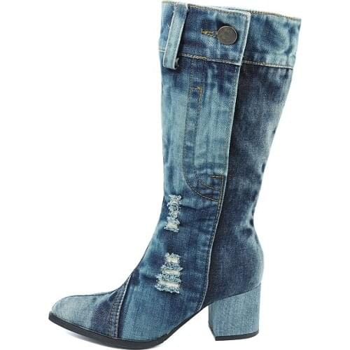 New canvas shoes autumn winter high heels middle boots denim wash water to make old thick heels breathable women boots