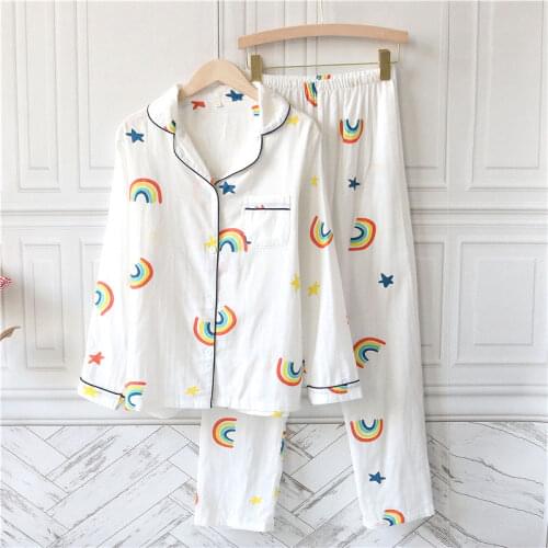 100% Cotton Women Pajamas Suit Rainbow Long-sleeved Female Cotton Modern Stylish Long Pants Lounger Home Clothes