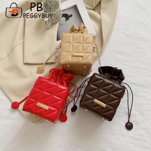 Leisure Geometric Embossed Messenger Bag Women PU Square Box Shape Drawstring Handbags Pure Color Crossbody Bag