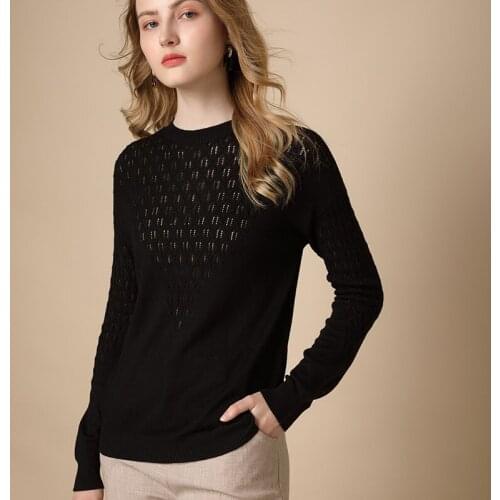 Spring and autumn new style 100% wool pullover thin section openwork loose round neck long sleeve short women blouse