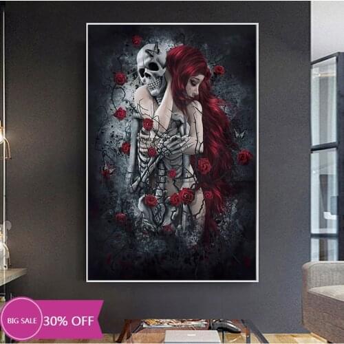 Christmas Decoration Canvas Painting Posters Abstract Skull Girl with Dark Rose Flower Wall Art Picture Home Decor