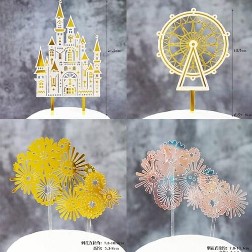 Gold Ferris Wheel Acrylic Happy Birthday Cake Topper Castle Birthday Cupcake Toppers for Kids Birthday Party Cake Decorations