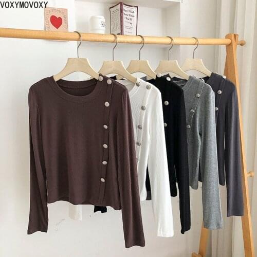 VOXYMOVOXY Women T Shirts Qutumn Winter New Chic Single Breasted Female Tee Tops T-Shirt