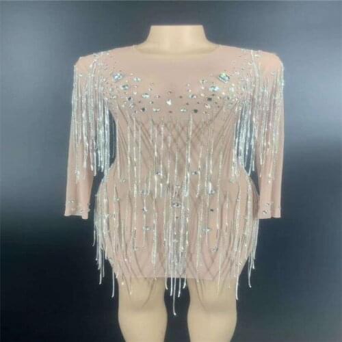 V71 Singer wears long sleeve mesh rhinestones women dress pole dance crystal elastic see through skirt diamonds short skirt club