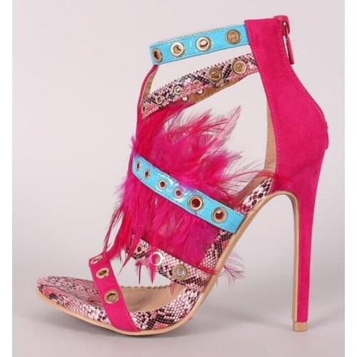 New Arrivals Pink Snake Leather Feather Women Sandals Cut-out Buckle Strap Studded Gladiator Sandals Women Hollow Dress Shoes