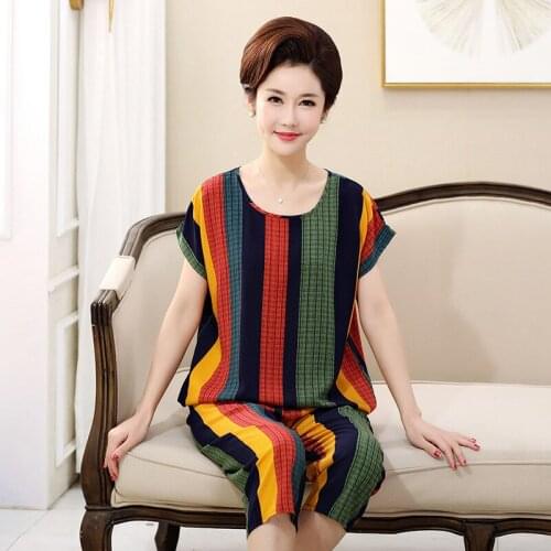 Women 2PCS Cotton Pajamas Sets Sexy O-Neck Short Sleeve Shirt&Calf-Length Pants Pyjamas Suit Loungewear Summer Mothers Day Gift