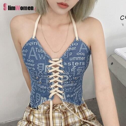 Imitation Denim Fashion Letter Print Backless Womens Tank Tops Summer Bandage Sexy Streetwear Slim Y2k Corset Halter Crop Top
