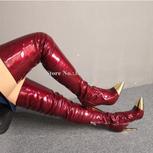 Patent Leather Wine Red Long Boots Woman New Metal Pointed Toe Metal Thin Heels Thigh High Boots Fashion Ladies Over Knee Boots