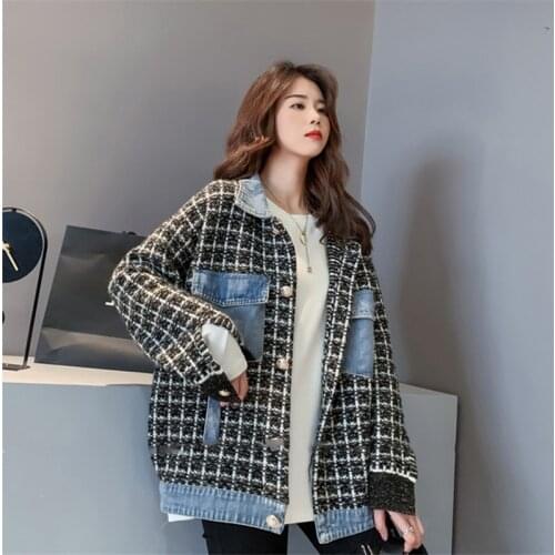 Autumn Winter Women Small Fragrance Knitted Sweater Loose Casual Student Sweet Girls Square Collar Denim Patchwork Cardigan Tops