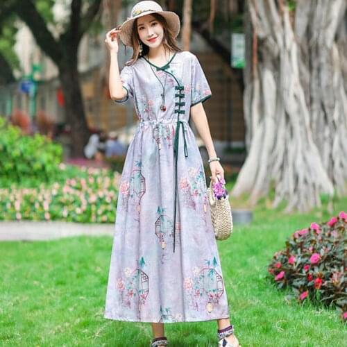 Vintage Chinese Style Dress 2021 New Arrival Thin Soft Cotton Loose Summer Dress Print Floral Slim Fashion Women Casual Dress