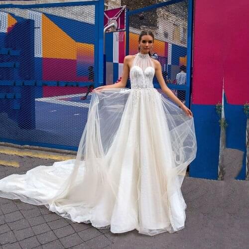 UZN Boho Wedding Dress A-Line O Neck Lace Appliques Tulle Bridal Gowns Open Back Brides Dress Custom Made