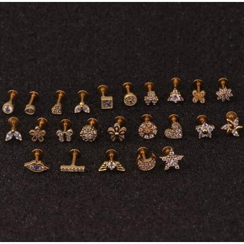 1PC 16G Cross Heart Flower Crown Cz Ear Lip Helix Piercing Earring Conch Rook Tragus Stud Labret Back Ear Piercing Jewelry