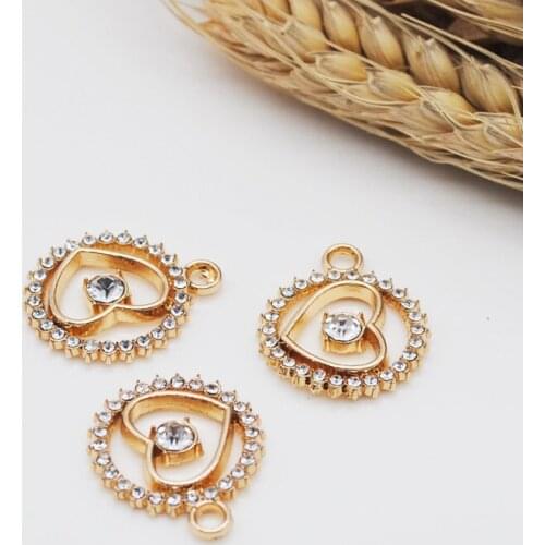 10pcs/lot Rhinestone Round Heart Pendants Zinc Alloy Gold Color Metal Charm For Jewelry Bracelet Necklace Earring 18*21mm