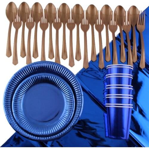 51pc/Set Blue Bronzing Theme Party Tableware Baby Shower Birthday Decoration Plates Napkins Disposable Tableware Party Supplies