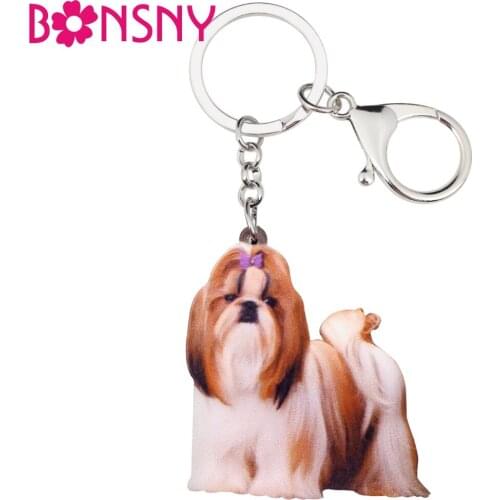 Bonsny Acrylic Cute Chinese Shih Tzu Dog Key Chains Keyrings Fashion Animal Jewelry For Women Girl Ladies Handbag Charms Gift