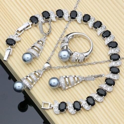 Black Pearls Silver 925 Jewelry Sets For Women Bridal Wedding Drop Earrings With Pearl Necklace Kits Ring Black CZ Bracelet