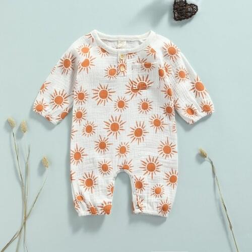 Baby’s Casual Long Sleeve Jumpsuit Fashion Sun Printing Button Round Neck Long Romper