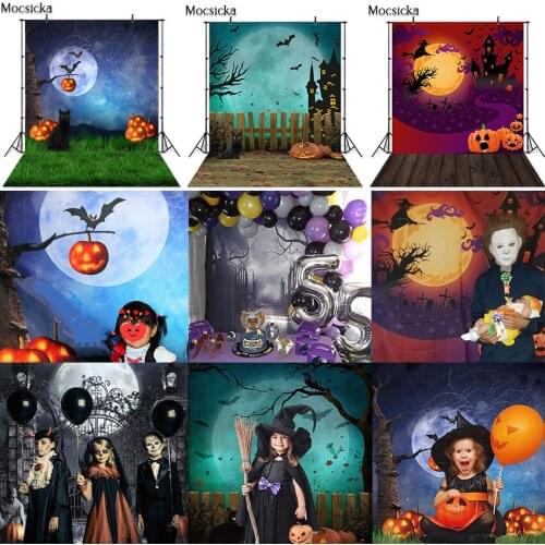 Mocsicka Halloween Backdrop Pumpkin Gothic Scary Graveyard Castle Night Full Moon Party Kids Adults Portrait Photo Background