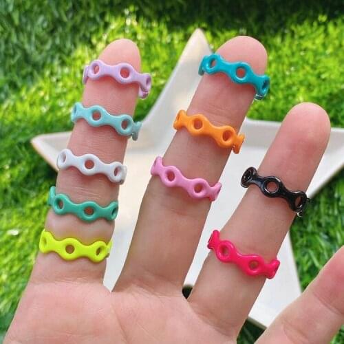 10Pcs New trendy simple circle finger ring for women colorful color ring for summer various brass baked enamel adjustable ring