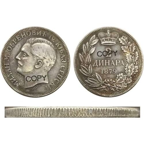 1879 Serbia 2 Dinara Milan Obrenovic IV Cupronickel Plated Silver Collectibles Copy Coin