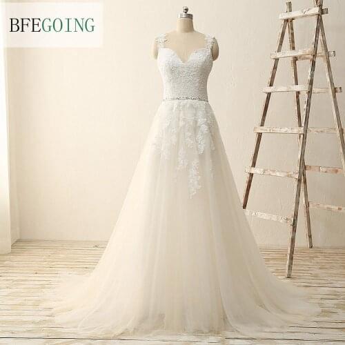 White Tulle Lace A-line Wedding dress Sweep Train V-Neck Spaghetti Straps Sleeveless Bridal Gowns Real /Original Photos