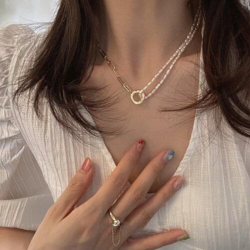 Minar Korean Simulated Pearl Chokers Necklaces for Women Chunky Link Chain Asymmetric Toggle Clasp Circle Pendant Necklace Gifts