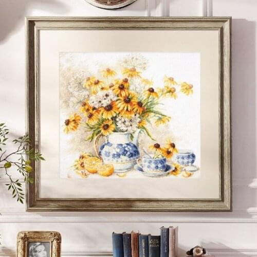 Flower and tea cross stitch kit DMC brand thread animal dog count canvas fabric embroidery handmade needlework