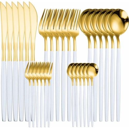 Stainless Steel Tableware Set White and Gold Cutlery Set Kitchen Dinnerware Spoon Fork Knife Dinner Set Complete Home Flatware