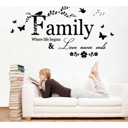 Wall Sticker Family Where Life Begins Wall Art Decor Quote Sticker Decal Flower Birds Mural