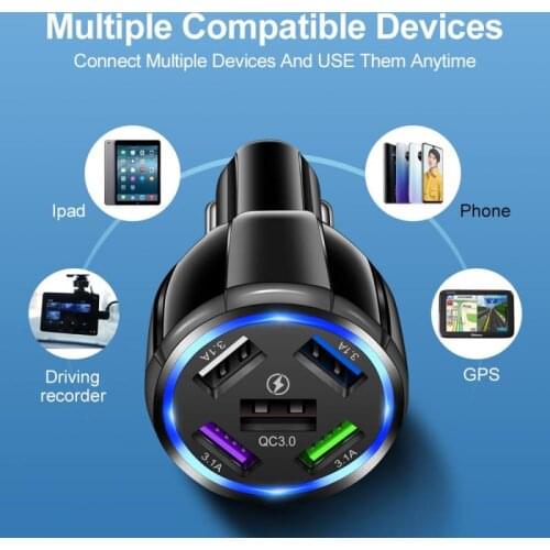 New 15A 5 Ports USB Car Charge Quick Mini LED Fast Charging For IPhone 12 Xiaomi Huawei Mobile Phone Charger Adapter In Car