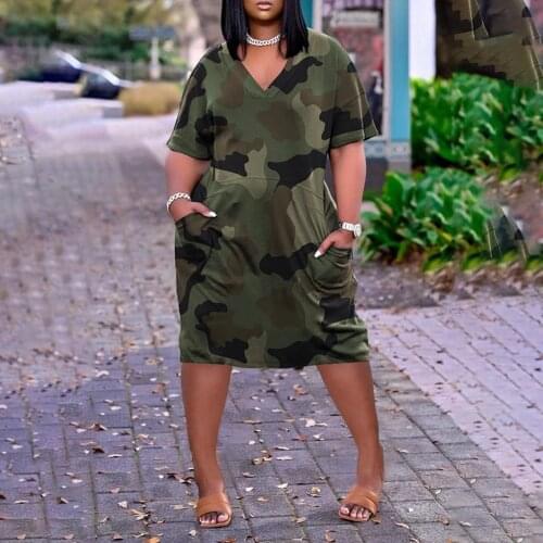 Camouflage Print Plus Size Dresses Womens Summer Pocket Harajuku Dresses V-neck Short Sleeve Streetwear T-shirt Dress Vestidos