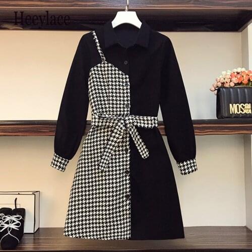 Plus Size Women Korean plaid patchwork mini Dress Autumn Winter Long Sleeve Elegant Vintage Dresses Women office ladies Vestido