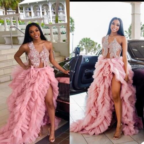 Pink Split Prom Dresses Lace Applique Beaded One Shoulder Hollow A Line Tulle Backless Evening Gown Formal Party