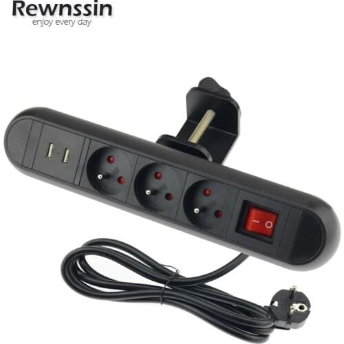 Desktop Edge Power Strip Removable Clamp EU FR Outlet Socket 2 USB Port Socket Table Outlet With USB Black With 1.8m Extension