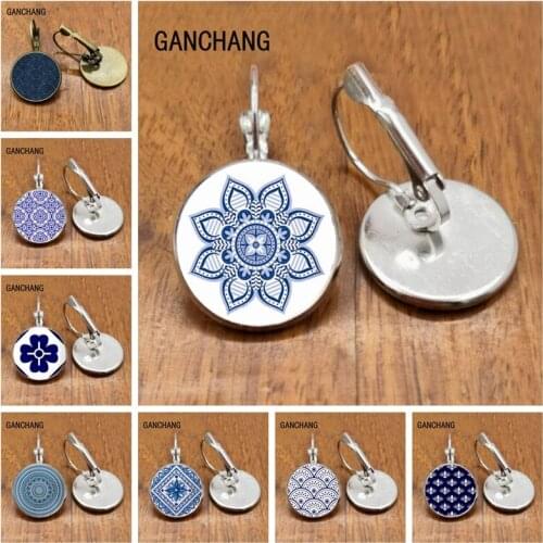 Blue and white porcelain printed bohemian style mandala geometric earrings, hot new earrings