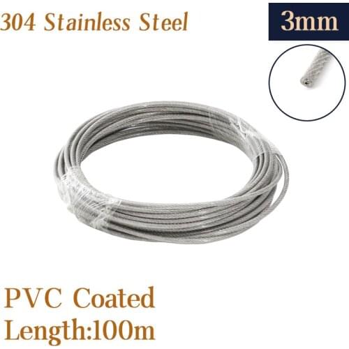 Wire Rope 1/8‘’ PVC Transparent Coated Cable 304Stainless Steel rope Clothesline Diameter 3mm length-100m