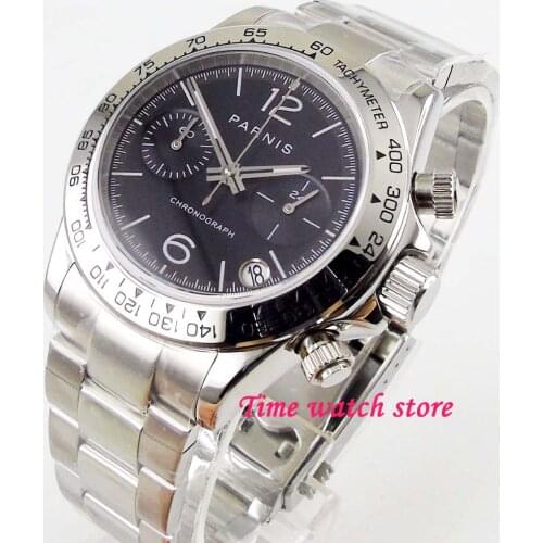 Solid 39mm PARNIS 24 hours Chronograph wrist watch men waterproof steel black dial luminous date sapphire silver bezel stop