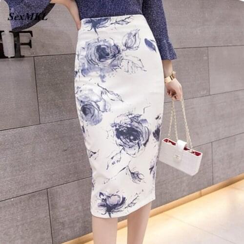Floral Printed Pencil Skirt 2020 Elegant Women High Waist Skirts Womens Bodycon Korean Clothes Sexy Office Midi Skirt Summer XL