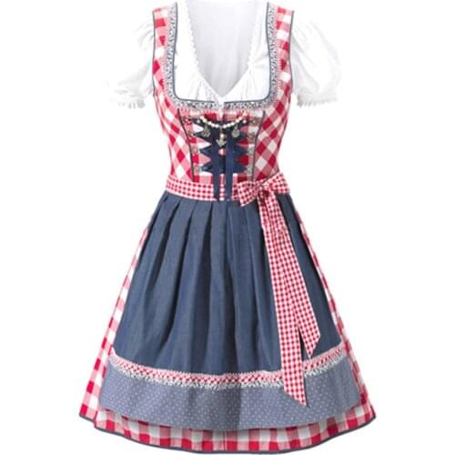 Ladies Plaid Dirndl Dress German Bavarian Oktoberfest Beer Wench Costume (White Shirt+Dress+Apron)