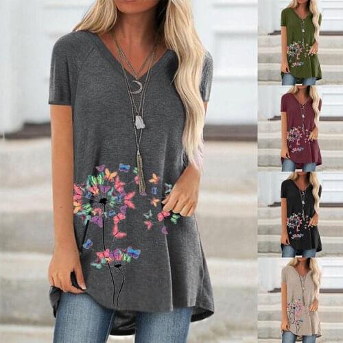 Spring and Summer New Fashion Womens Short Sleeve Printing Loose Medium Length Pullover V-Neck T-Shirt