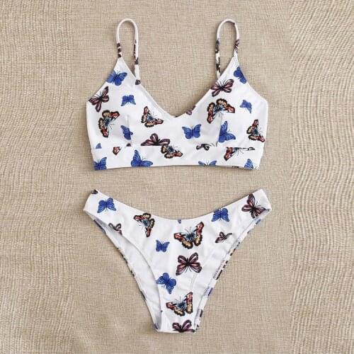 #H40 Women Butterfly Print High Waist Bikini Set Two Pieces Bikini Swimwear Swimsuit Women Beachwear White Maillot De Bain