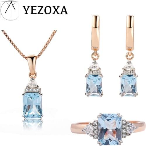 YEZOXA 925 Sterling Silver Jewelry Sets For Women Sky Blue Topaz Gemstone Wedding Delicate Gifts Fine Jewelry Rose Gold Plating
