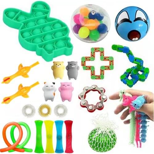 18/ 19/ 24PCS Stress Anxiety Relieve Toy Set Stretchy String Slingshot Chickens Push Pop Bubble Wacky Tracks Squeeze Toys