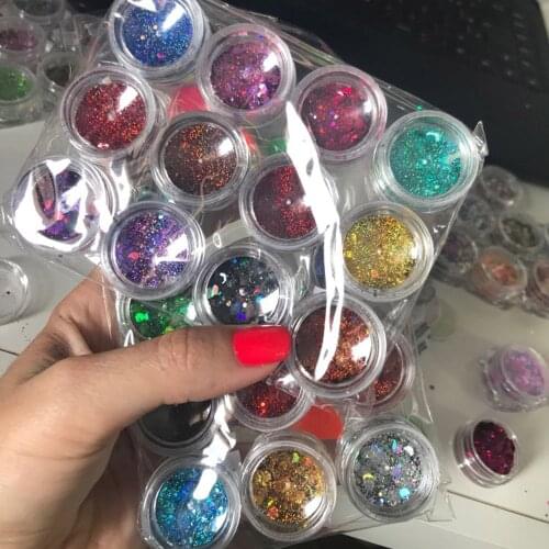 24jars/Set Rainbow Holographic Chunky Nail Glitter Spangles Powder 24 Colors Face Body Eye Hair 0.2-3mm Nail Art Sequins KD/578H