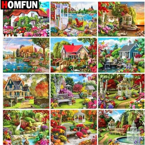 HOMFUN 5D Diy Diamond Painting Cross Stitch "Garden cottage scenery" Home Decor Full Rhinestones Inlay Diamond Embroidery