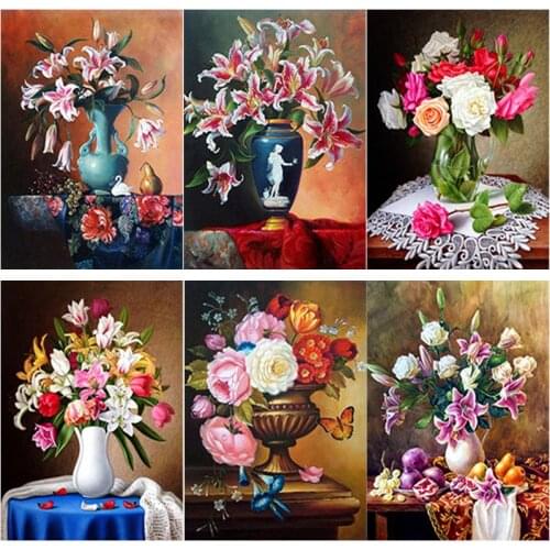New 5D DIY Diamond Painting Full Square Round Drill Fresh Flower Diamond Embroidery Vase Cross Stitch Home Decor Manual Art Gift