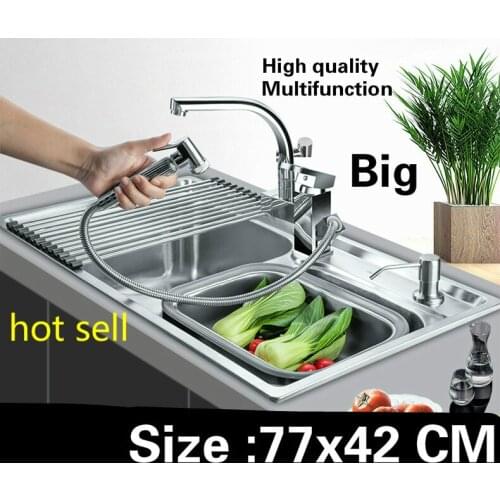 Free shipping High capacity wash vegetables multifunction big kitchen double groove sink 304 stainless steel 770x420 MM