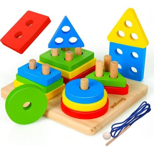 Coogam Wooden Sorting & Stacking Toys, Shape Color Recognition Blocks Matching Puzzle, Learning Board Game Gift for Toddler Kids