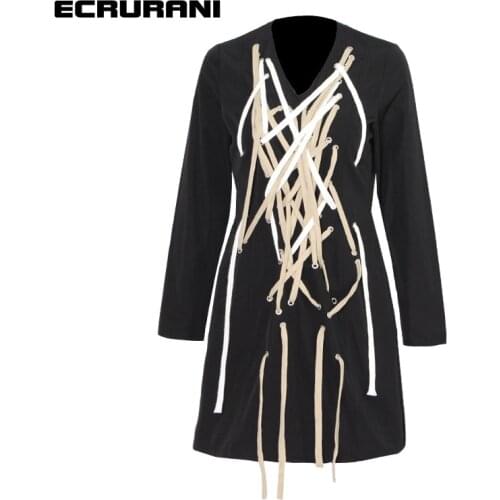 ECRURANI Bandage Patchwork Sexy Dress For Women V Neck Long Sleeve High Waist Hit Color Slimming Mini Dresses Females 2021 Style