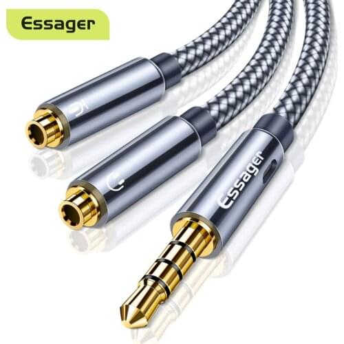 Essager Audio Splitter Headphone Headset Extension Aux Cable 3.5mm Jack for Phone PC AUX Cord Male to Dual Female Mic Y Adapter